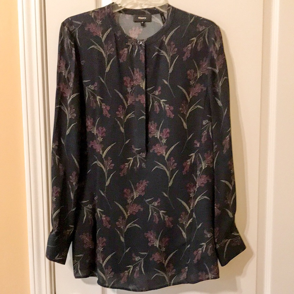 Theory silk floral popover henley blouse SZ M Beautiful!